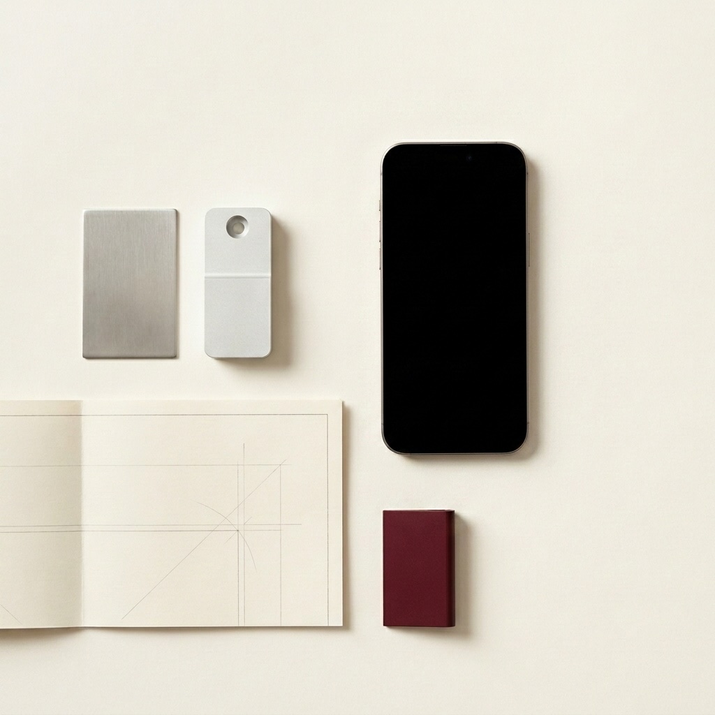 Material samples — CNC-milled aluminium parts, technical paper, and a burgundy accent on warm cream