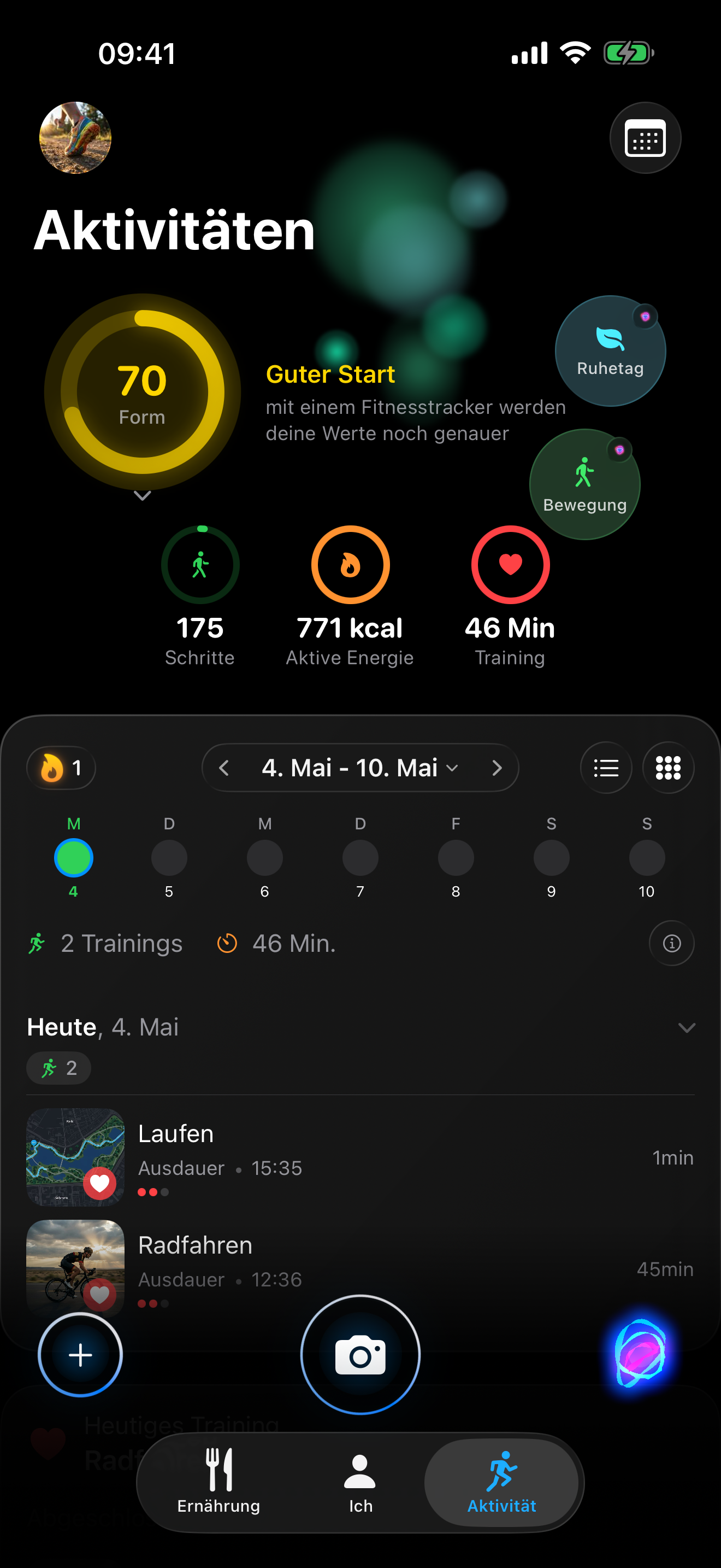 Kivaia-App — Aktivitäten-Tab mit Ring-Details