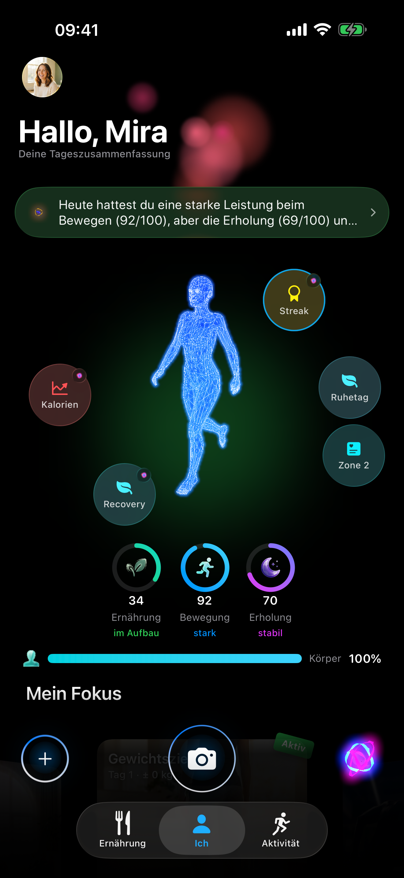 Kivaia-App — Today-Tab mit Wireframe-Avatar und Tagesscores