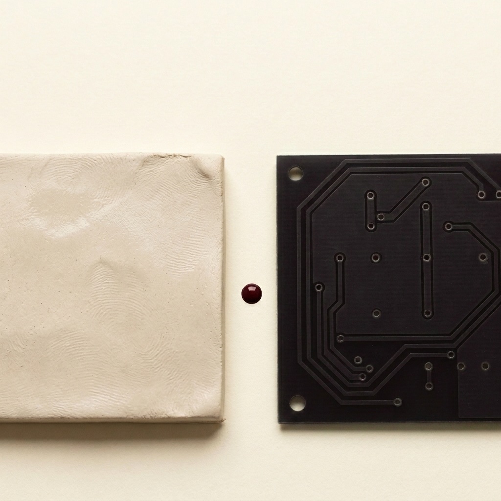 A raw clay slab next to a matte circuit board with a burgundy drop in between — analogue and digital as equal materials